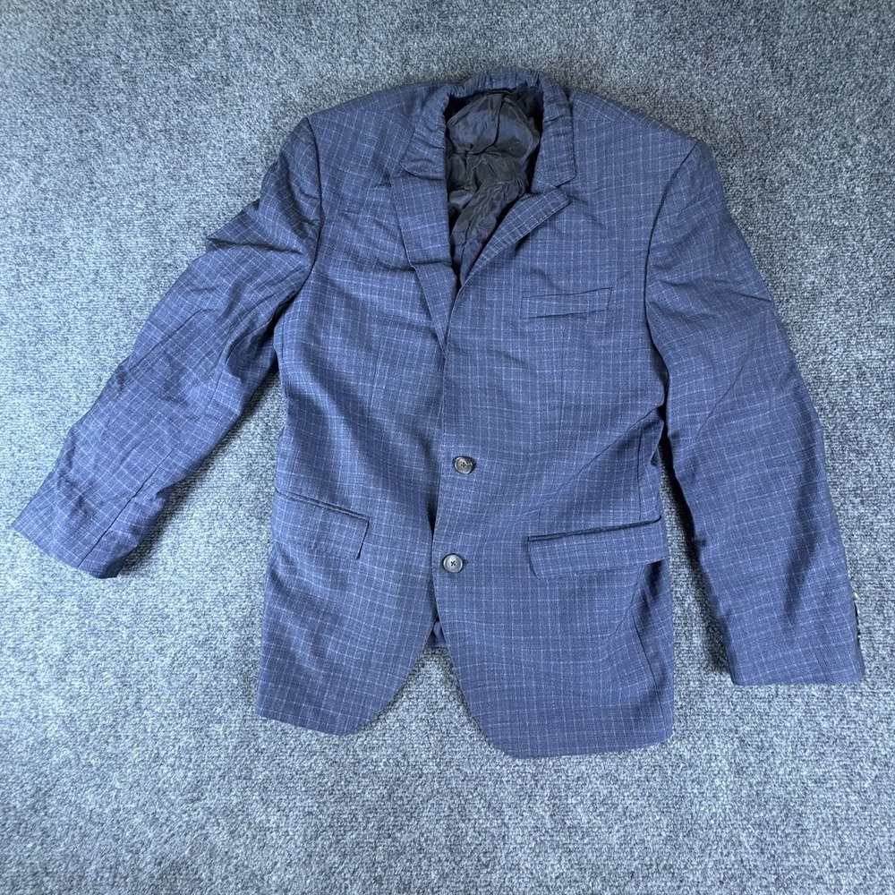 Hugo Boss Blazer Jacket Mens 40S Blue Plaid Single Breasted Pockets Button Front